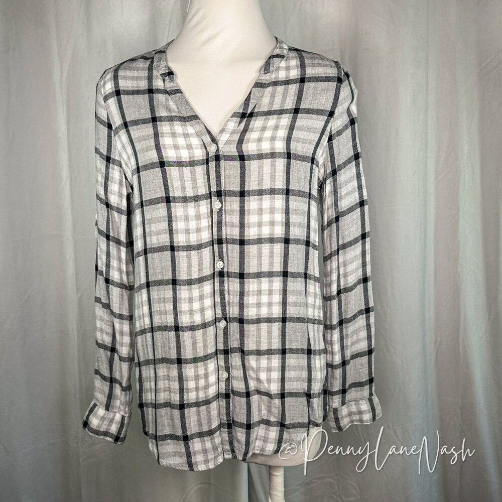 Kenneth Cole Reaction Metallic Plaid Button Up Tunic Top